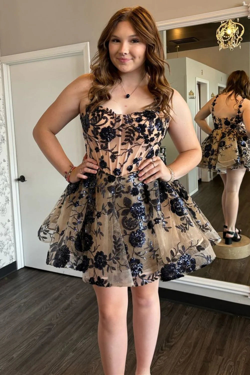 Champagne A-Line Straps Short Tulle Appropriate Color Matching Homecoming Dress